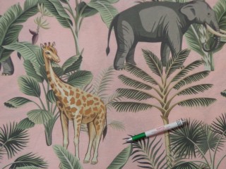Loneta, rózsaszín alapon, zöld leveles-zsifáros-elefántos kerti bútor vászon (11187)