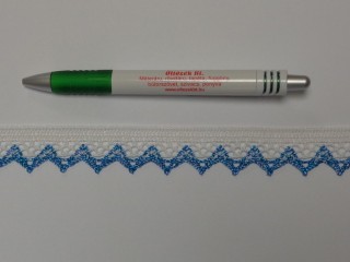 Pamut csipke, fehér-türkiz, csillámos, 25 mm széles (12044)