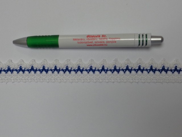 Pamut csipke, fehér-sötétkék, 22 mm széles (12058)
