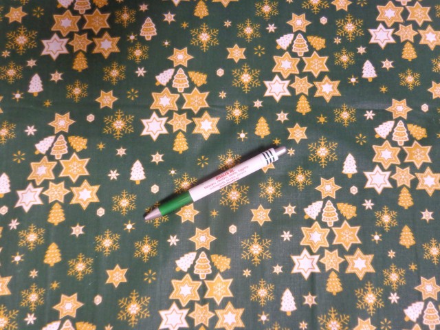Karácsonyi mintás kevertszálas vászon, zöld alapon arany-fehér csillagos (12099)