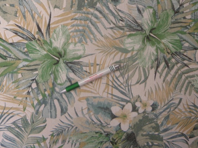 Loneta, ekrü alapon zöld leveles, hibiszkusz virágos, kerti bútor vászon (13222)