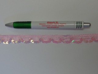 Csipke, flitteres, 15 mm széles, rózsaszín (13314)