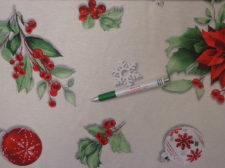 Loneta vászon, karácsonyi mintás vászon, mikulásvirág-gömb-bogyó (13891)