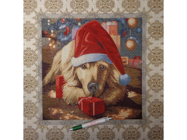 Párna panel, karácsonyi, aranyszállal átszőve, kutyus ajándékkal (15024)
