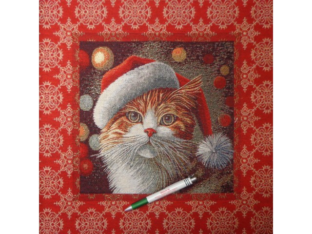 Párna panel, karácsonyi, aranyszállal átszőve, cica mikulás sapkában (15025)