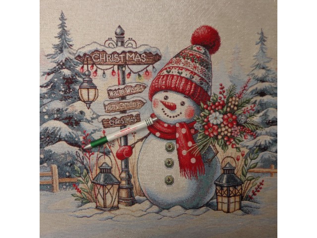 Párna panel, karácsonyi, aranyszállal átszőve, hóember mintás (15056)