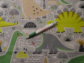 Gyerekmintás pamutvászon, zöld-szürke dinós, 160 cm széles (15198)