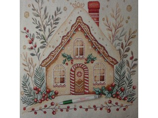 Párna panel, karácsonyi, aranyszállal átszőve, mézeskalács házikó (15723)